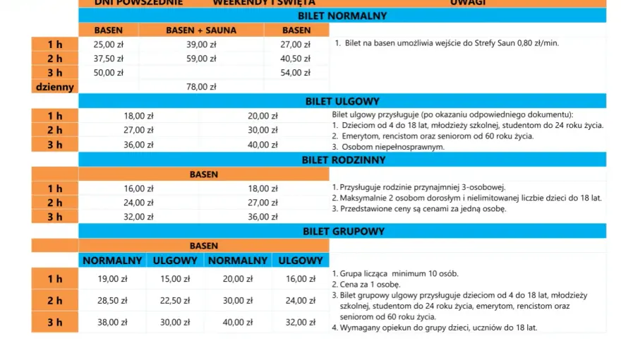 Cennik Krytej Pływalni w Kłodzku: bilety normalne, ulgowe, rodzinne i grupowe na basen i basen+sauna.