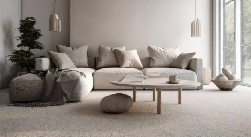 Un soggiorno accogliente con divano angolare, tavolino rotondo e tappeto in un caldo color taupe che è.