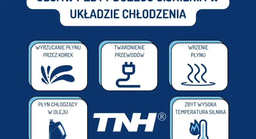 Objawy zbyt dużego ciśnienia w układzie chłodzenia: wyrzucanie płynu, twardnienie przewodów, wrzenie płynu, płyn chłodzący w oleju, wysoka temperatura silnika.