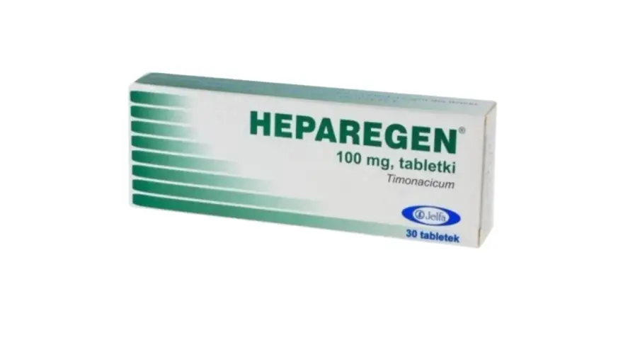 Opakowanie leku Heparegen na co pomaga? Zawiera 30 tabletek po 100 mg.