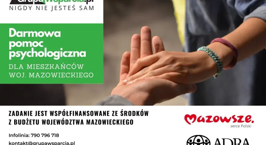 Darmowe porady psychologiczne dla Mazowszan. Grupa Wsparcia.pl oferuje pomoc. Nigdy nie jesteś sam.