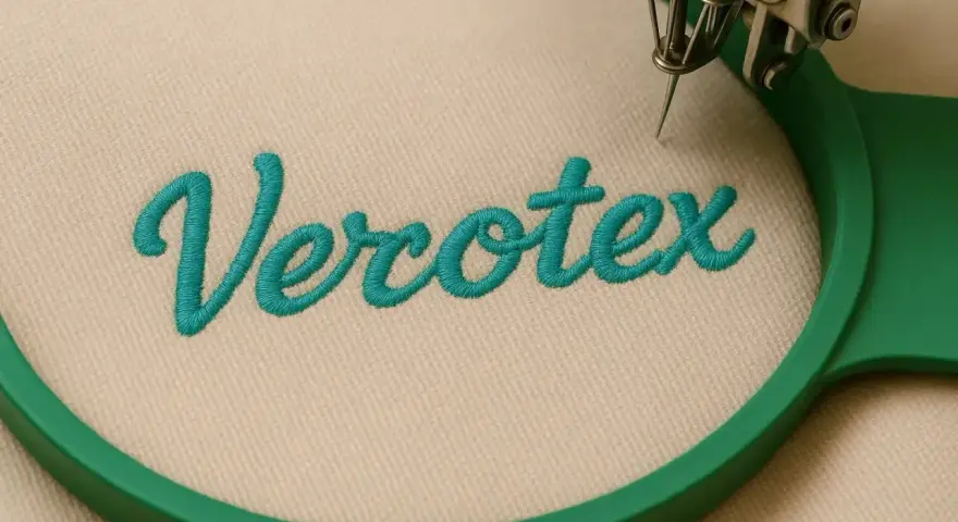 Broderie du mot "Verotex" sur un tissu beige, montrant les bases de la couture avec une machine à broder.