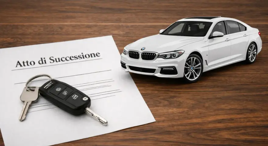 Chiavi e atto di successione accanto a un'auto bianca. Informazioni sulla successione auto defunto senza testamento costo.