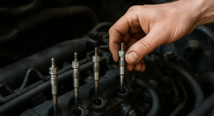 Dłoń mechanika wykonuje wymianę świec żarowych w silniku diesla.