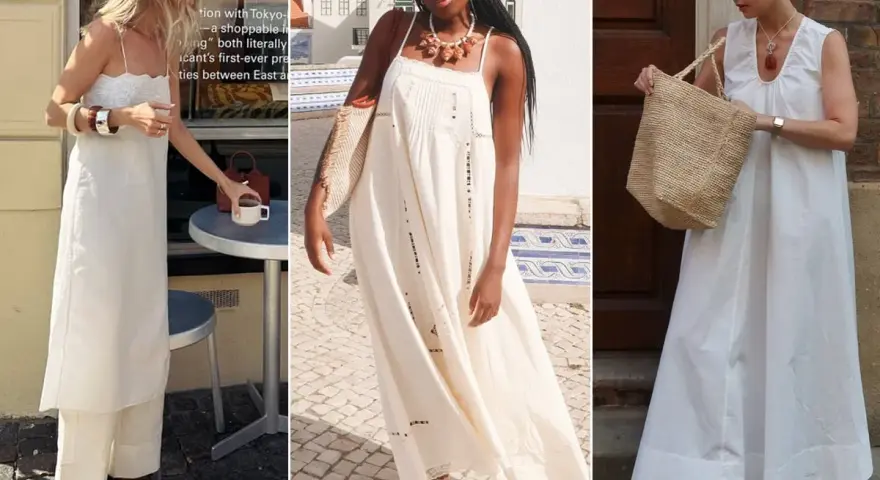 Tre donne con abiti bianchi leggeri. Idee su quale abito in pizzo che scarpe abbinare: sandali bassi, espadrillas o infradito.