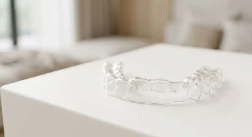 Przezroczysty retainer, który pomaga utrzymać zęby w idealnym położeniu po leczeniu ortodontycznym.