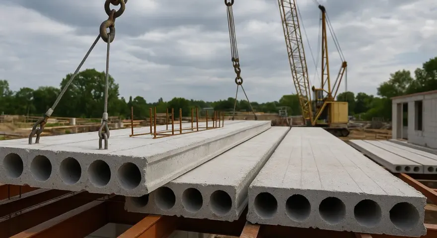 Strop z płyty żerańskiej jest podnoszony przez dźwig na budowie. W tle widać inne płyty i konstrukcje budowlane.