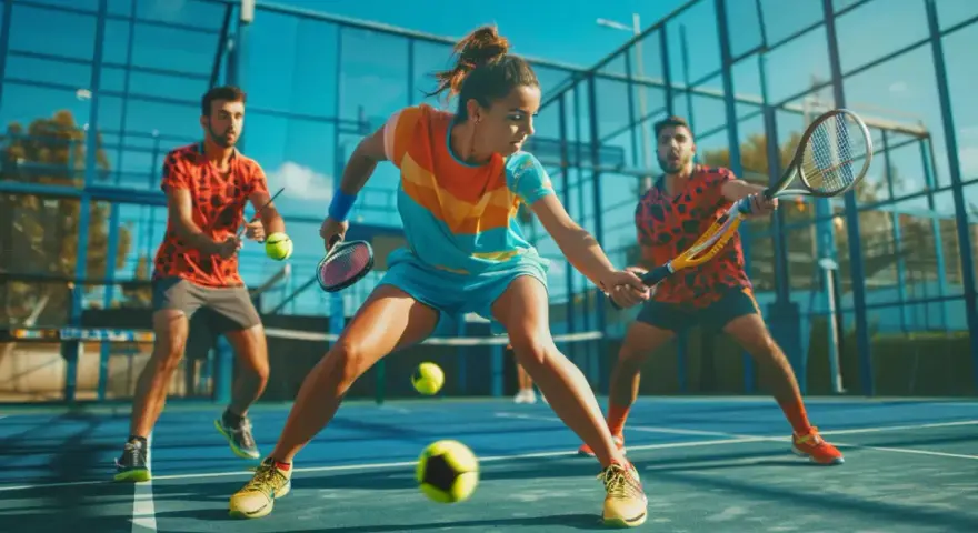 Två män och en kvinna spelar padel. Kvinnan slår bollen, redo att följa padel regler.