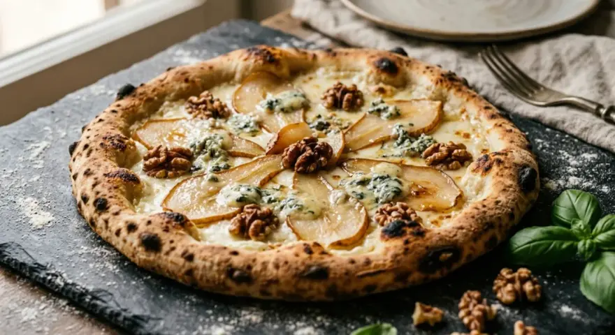 Wykwintna pizza bianca z gruszką, orzechami włoskimi i serem pleśniowym, idealna na elegancką kolację.
