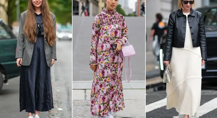 Tre donne con abiti lunghi e sneakers bianche: una con blazer grigio, una con abito floreale rosa, l'altra con giacca in pelle nera.