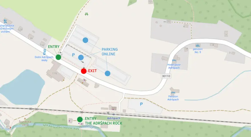 Mapa skalnego miasta w Czechach. Wskazuje wejście, parking i wyjście z Adršpach Rock.