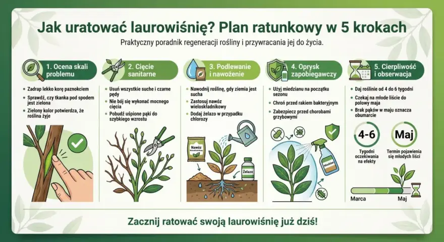 Plan ratunkowy dla laurowiśni: ocena, cięcie, podlewanie, oprysk i cierpliwość. Zadbaj o roślinę, by uniknąć żółte liście.