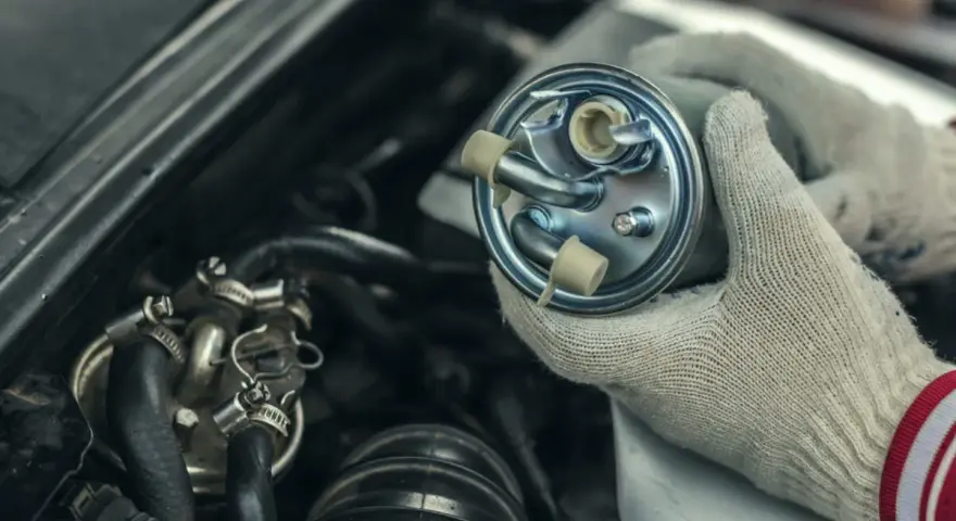 Hände mit Handschuhen halten einen neuen Kraftstofffilter bereit, um den alten im Motorraum zu wechseln.