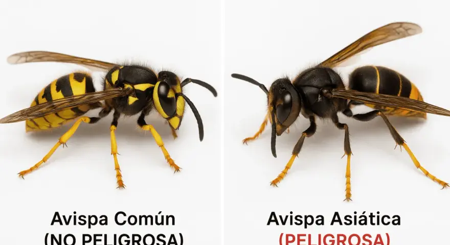 Comparación visual: avispa común (no peligrosa) vs. avispa asiática (peligrosa). Observa la diferencia entre velutina y avispa.