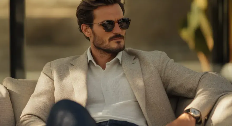 Uomini eleganti con blazer chiaro, occhiali da sole e orologio.