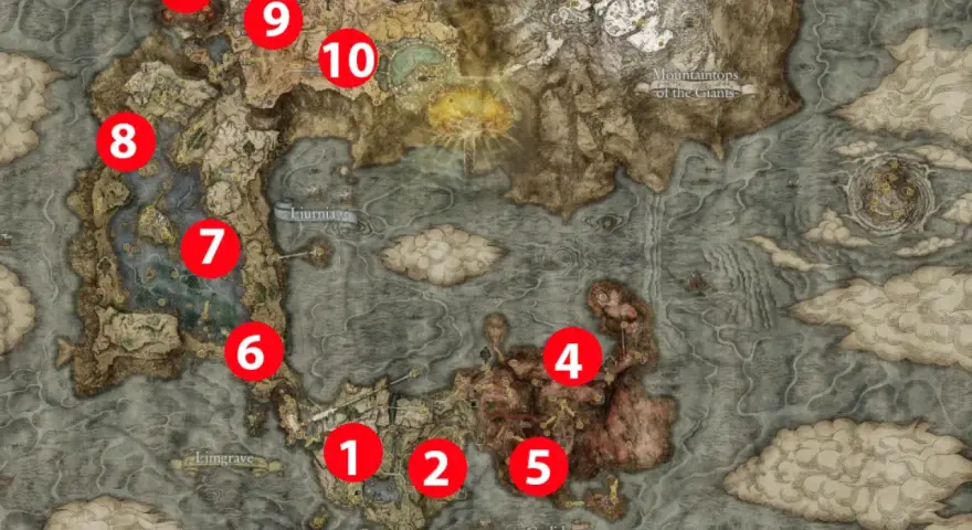 Explora los mapas de Elden Ring, con puntos numerados que señalan ubicaciones clave en Limgrave, Liurnia y Caelid.