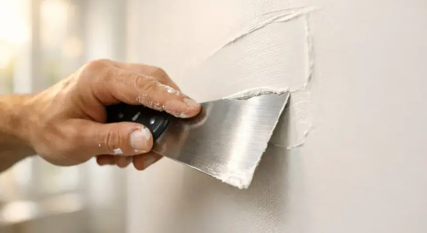 Hand med spackelspade som jämna ut spackel på en vägg. Det är en fin textur på spacklet som inte torkat än.