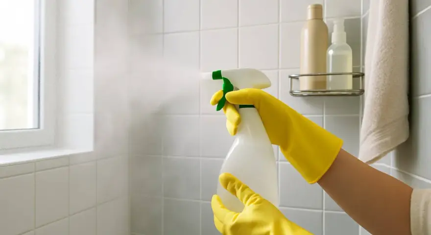 Yellow-gloved hands spray cleaner onto white tile, demonstrating how to clean a tile shower.
