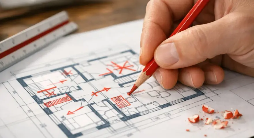 Rysowanie planu domu z zaznaczeniami. Zastanawiasz się, ile kosztuje adaptacja projektu?