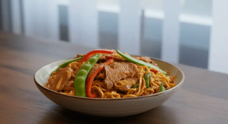Un plat de nouilles asiatiques avec de l'émincé de porc, des pois gourmands et des poivrons rouges.