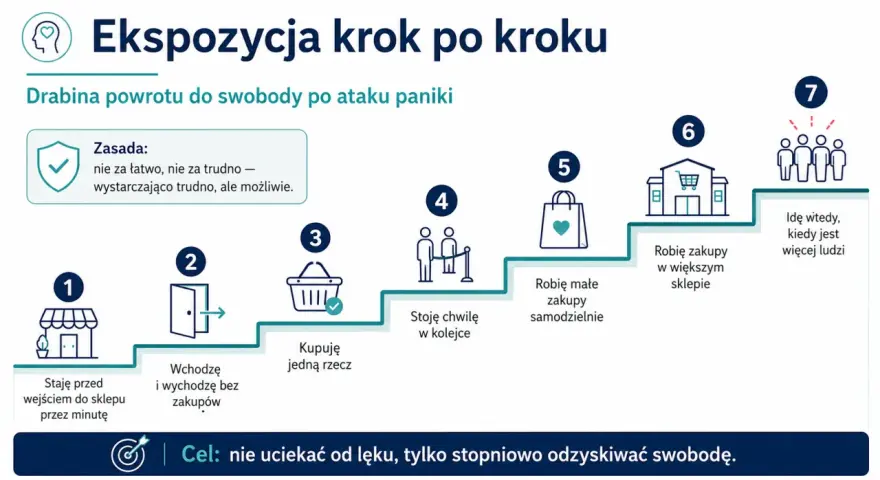 Drabina powrotu do swobody po ataku paniki: od stania przed sklepem do zakupów w tłumie. Stopniowe oswajanie lęku.