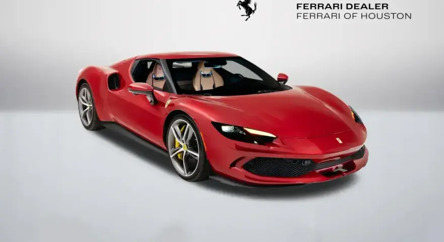 Czerwone Ferrari 296 GTB z beżowym wnętrzem, zaparkowane na białym tle. Obok logo Ferrari i napis "Official Ferrari Dealer Ferrari of Houston".