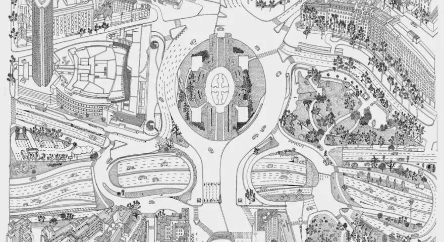 Un croquis de Paris, vu du ciel, avec un rond-point central, des immeubles, des routes sinueuses et un parc verdoyant.
