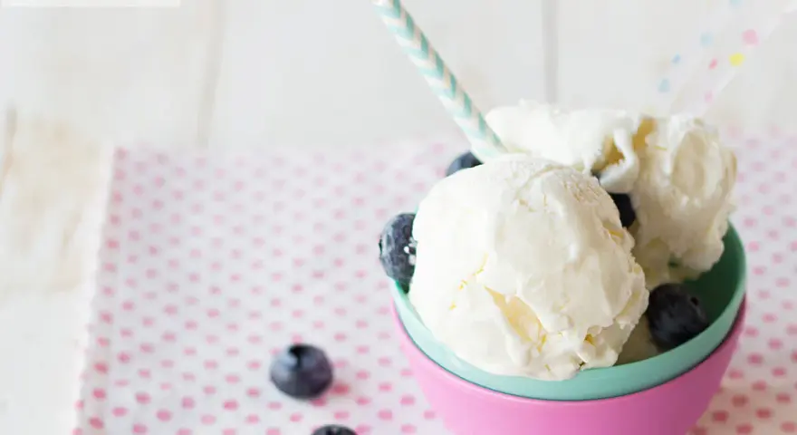 Delicioso helado de yogur casero con arándanos frescos, servido en un cuenco colorido. ¡Un postre perfecto para refrescarse!