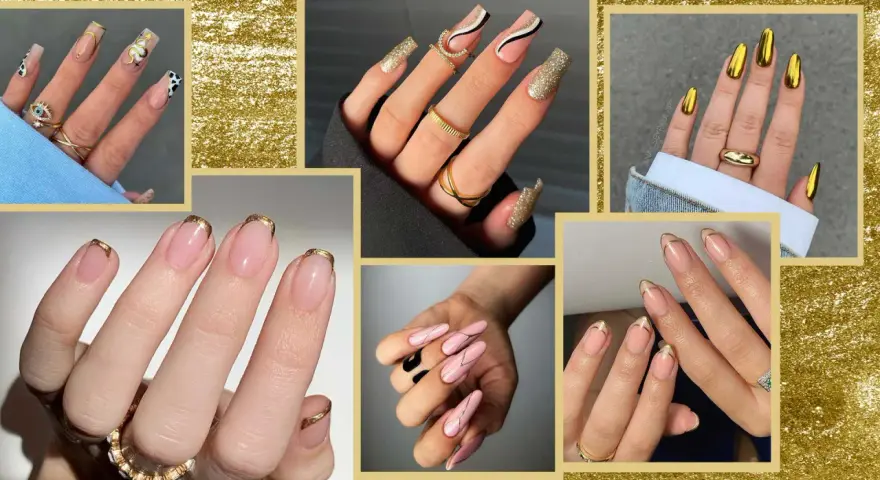 Manicure con unghie metallizzate oro, glitter e design geometrici. Un tocco di lusso per le tue mani.