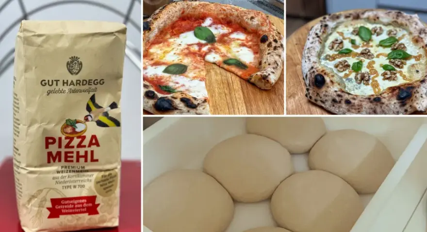 GUT HARDEGG PIZZA MEHL: Die Zutaten für den perfekten Pizzateig. Hier siehst du das Mehl, fertige Pizzen und Teiglinge.