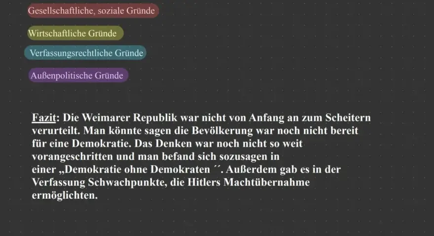 Die Weimarer Republik scheiterte an gesellschaftlichen, wirtschaftlichen, verfassungsrechtlichen und außenpolitischen Gründen. Die Bevölkerung war nicht bereit für Demokratie.