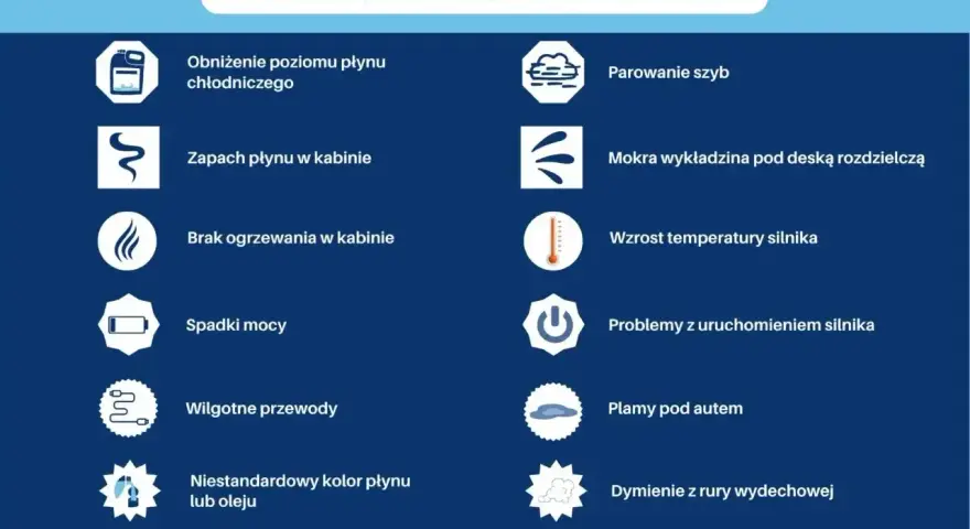 Objawy wycieku płynu chłodniczego: niski poziom, zapach w kabinie, parowanie szyb, wzrost temperatury silnika. Czy można jechać bez płynu chłodniczego? Nie.