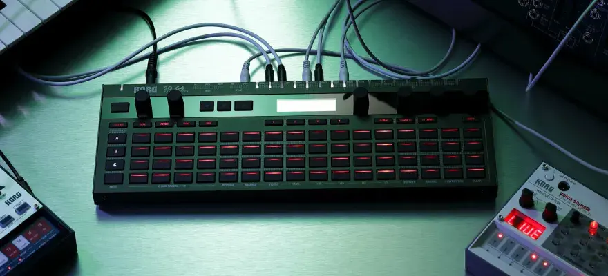 Zielony Korg SQ-64 z podświetlanymi na czerwono przyciskami, otoczony innymi syntezatorami i klawiaturą, tworzy scenę do tworzenia muzyki.
