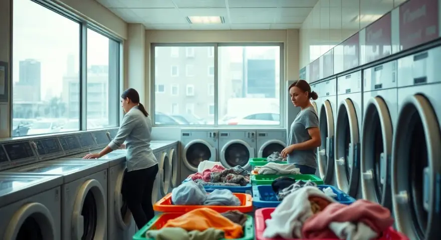 Donne in una lavanderia a gettoni, una legge le istruzioni lavatrice, l'altra prepara il bucato.