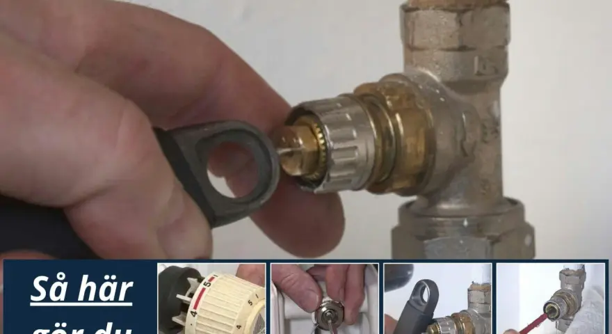 Så här gör du för att justera termostaten på ett element som inte blir varmt. Bilderna visar hur man använder verktyg för att komma åt ventilen.