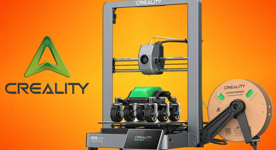 Drukarka 3D Creality Ender-3 V3 z wydrukowanym modelem pojazdu i szpulą filamentu. Poznaj jej **ender 3 wymiary** i możliwości.