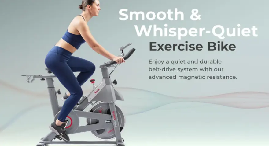 Woman cycling on a smooth, quiet exercise bike. Learn how magnetic resistance works for a durable workout.