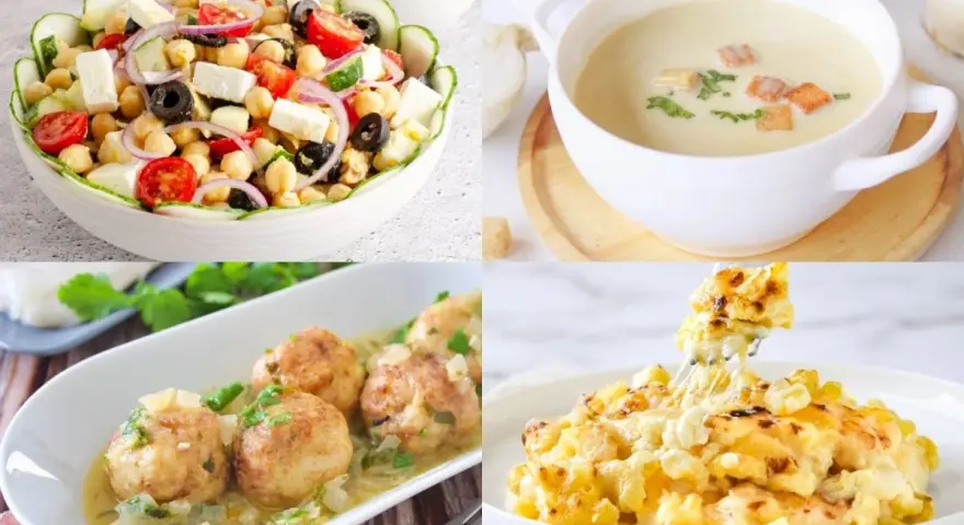 Cuatro platos de comida: ensalada de garbanzos, sopa cremosa, albóndigas y macarrones con queso.