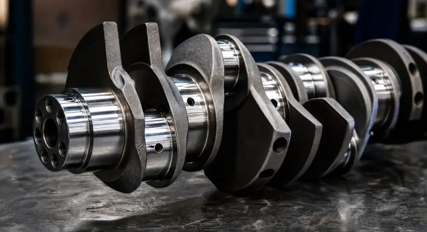 Precyzyjna budowa wału korbowego, kluczowego elementu silnika, ukazana na metalicznej powierzchni.