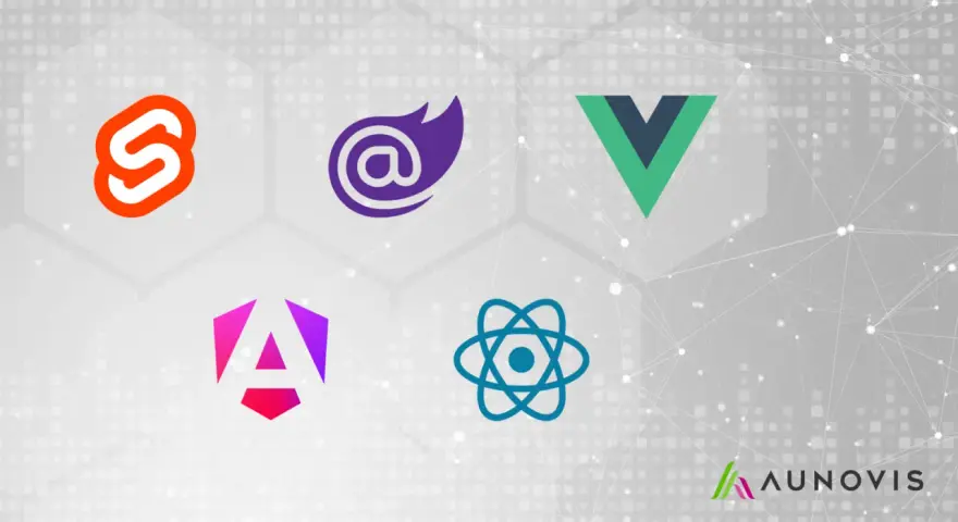 Logos von Svelte, Blazor, Vue, Angular und React – die Werkzeuge für modernes frontend design.