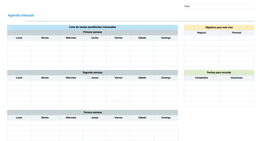 Agenda mensual con listas de tareas, objetivos y fechas para recordar. Un calendario para agendar citas gratis y organizar tu mes.