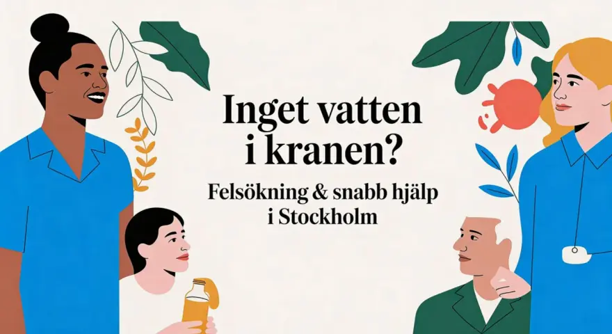 Ingen varmvatten i kranen? Felsökning och snabb hjälp i Stockholm. Illustration med människor och växter.