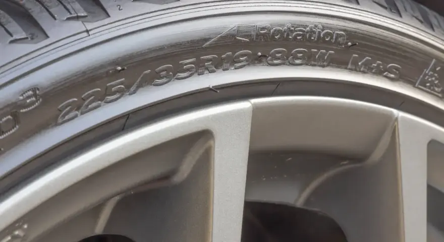 Detailaufnahme eines Reifens mit der Beschriftung 225/35R19 88W M+S. Die flanken reifen zeigen die Größe und den Typ des Reifens.