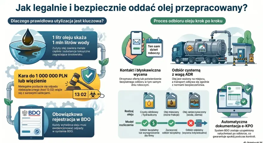 Jak oddać odpady bez BDO? Dowiedz się o procesie odbioru oleju, karach za nielegalne pozbycie się odpadów i obowiązkowej rejestracji w BDO.