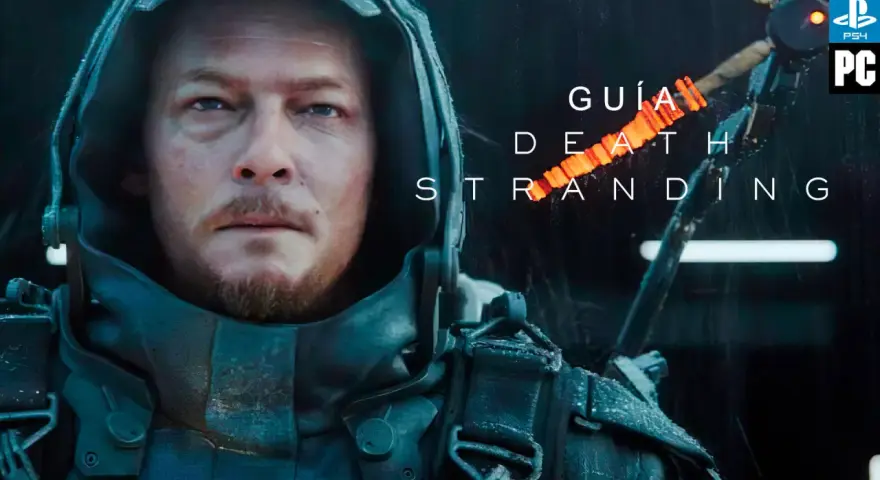 Primer plano de Sam Porter Bridges, protagonista de Death Stranding, con el título del juego y la guía en texto.
