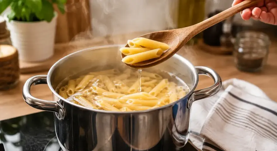 Penne penne w gotującej się wodzie, sprawdzanie gotowości. Oto jak ugotować makaron idealnie.