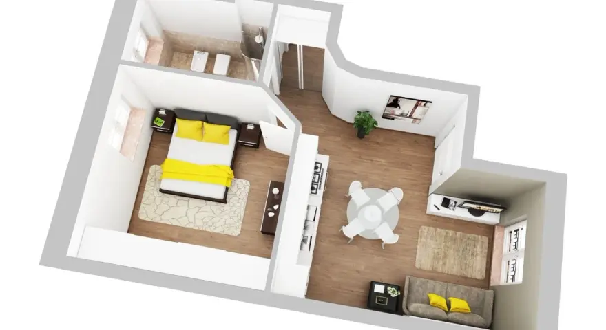 Progetto casa 40 mq rettangolare: camera da letto, bagno, cucina a vista, zona pranzo e soggiorno con divano e TV.