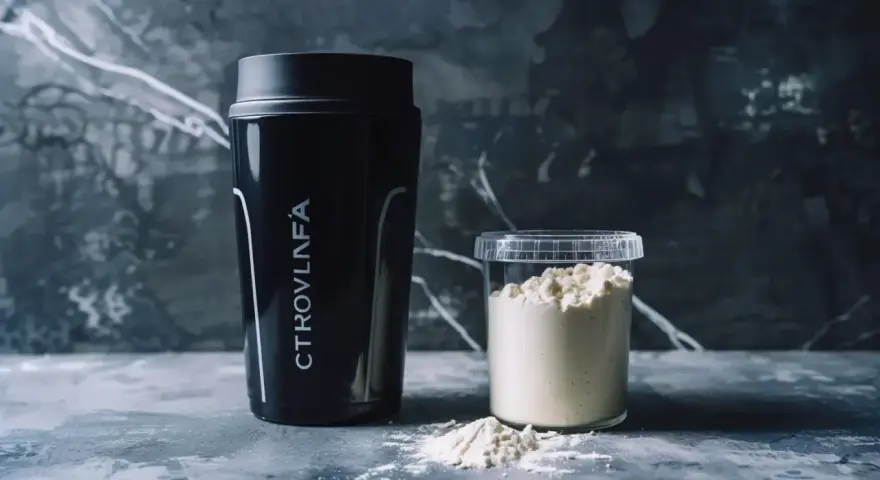 Czarny shaker i pojemnik z proszkiem. Cytrulina co daje? Poprawia wydolność i regenerację.