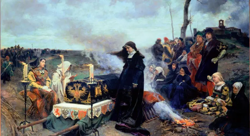 Los hijos de Juana la Loca y Felipe el Hermoso, en un cortejo fúnebre, acompañan un féretro bajo un cielo nublado.