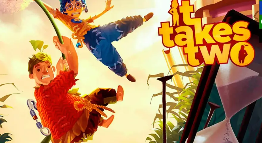 Dos personajes animados, un chico y una chica, se balancean en un diente de león. El título del juego, "It Takes Two", aparece en letras grandes y coloridas.